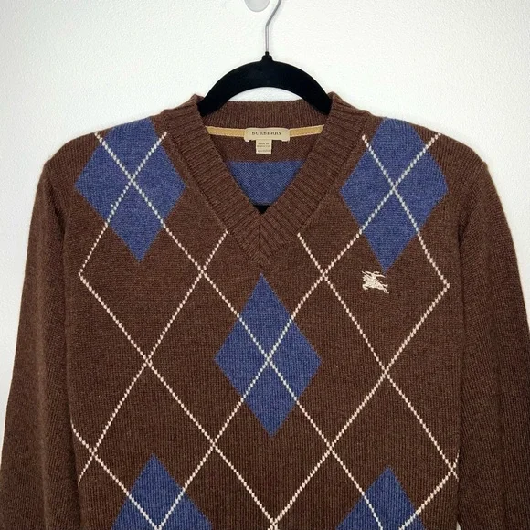 Burberry Youth Argyle V-Neck Sweater Cotton Brown Blue Diamond Striped Size 12Y - Picture 3 of 13